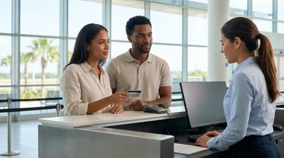 Close-up of a person's hand passing a credit card to an agent at an Orlando car rental desk