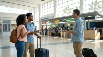 Traveler talking to staff at a shared car hire counter in Orlando airport