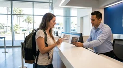 Customer handing a driver's license to an agent at a car rental desk in California