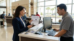 A customer handing a driving licence to an agent at a car rental desk in Texas