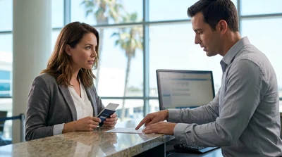 Customer handing a driver's license to a car rental agent across a counter in California