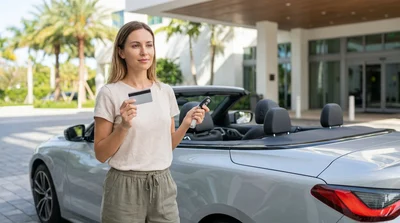 Customer handing a credit card to an agent at a bright Florida car rental counter