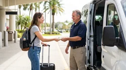 Customer handing luggage to an airport shuttle driver at a sunny Florida car rental location