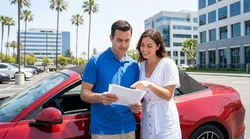 Two people driving a car hire along a sunny coastal highway in California