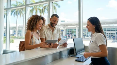 Person handing travel documents to a customer service agent at a car rental desk in Miami