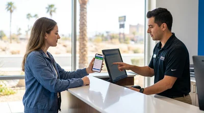 Traveler holding a smartphone showing a digital voucher at a Las Vegas car rental desk