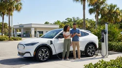Electric car plugged into a charging station at a car rental lot in sunny Florida