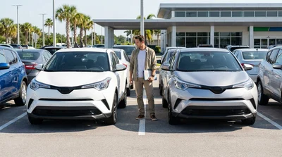 A row of various vehicles parked at a Florida car rental lot under a sunny sky