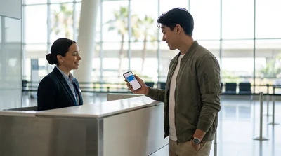 Traveler showing a smartphone screen at a car rental desk in Orlando