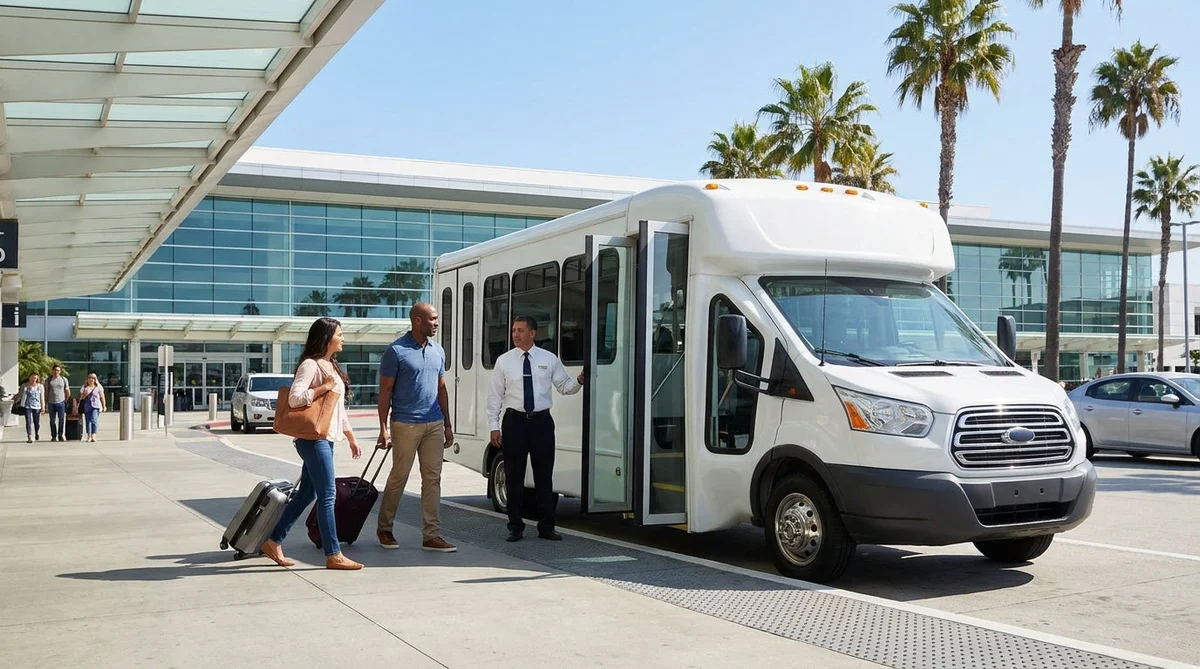 Travelers with luggage boarding a car rental shuttle bus outside the airport in Los Angeles