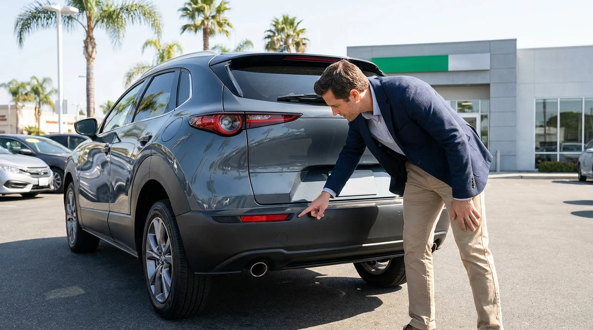 A customer inspecting the reversing camera on the back of a car rental at a sunny Los Angeles parking lot