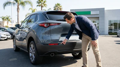 A customer inspecting the reversing camera on the back of a car rental at a sunny Los Angeles parking lot