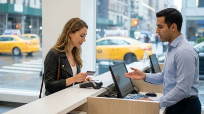 Customer handing a credit card to an agent at a car rental desk in New York