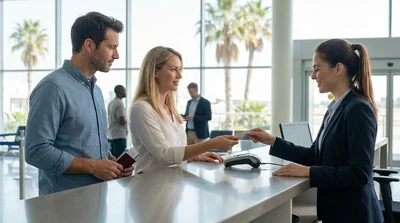 Customer handing a credit card to an agent at a car rental desk in Las Vegas