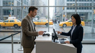 Customer handing a credit card to an agent at a car hire desk in New York