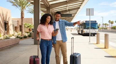 Travelers with luggage boarding a car rental shuttle bus outside Terminal 3 in Las Vegas