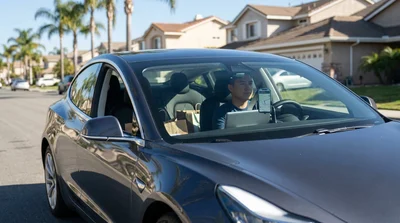 Smartphone displaying a rideshare app mounted on the dashboard of a car rental on a California highway