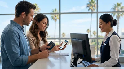 Customer receiving keys from an agent at a car hire counter in California