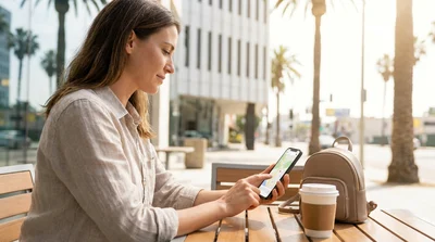 Traveler looking at a smartphone map while standing outside a Los Angeles car rental office