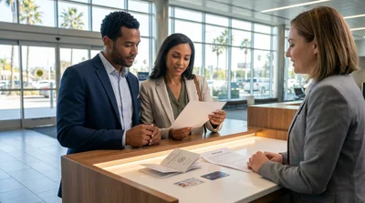 A customer showing an international driving permit at a car hire counter in California