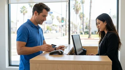 Traveler handing a credit card to an agent at a car hire desk in Los Angeles