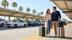 A row of modern vehicles parked in a sunny car rental lot outside the Orlando airport