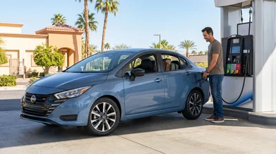 Person pumping gas into a white car rental at a sunny fuel station in California