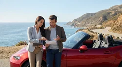 Red car rental driving along a scenic coastal highway in California overlooking the ocean