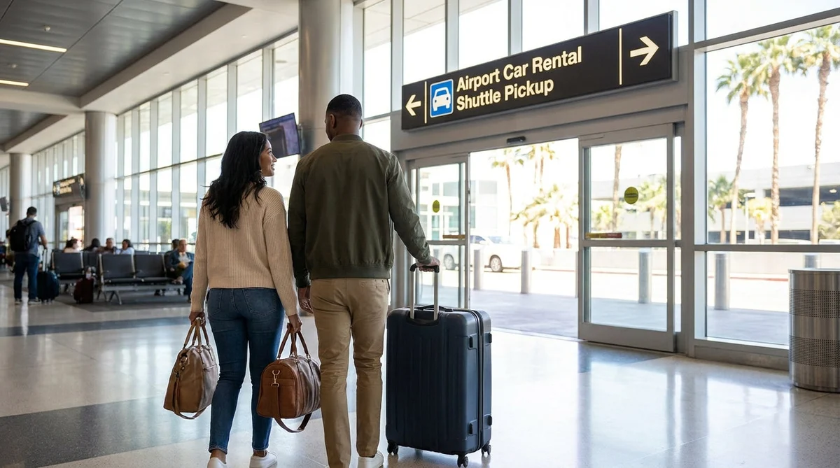 Traveler pulling a suitcase toward the car rental desks at Las Vegas airport
