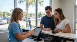 Young adult smiling while receiving keys for a car rental in front of palm trees in sunny Orlando