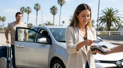 Close-up of a person handing a credit card to an agent at a car rental counter in California
