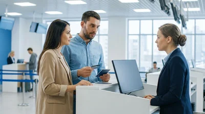 A person handing paperwork to an agent at a car rental desk in New York