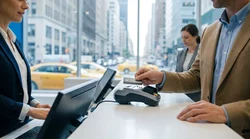 Person handing a credit card to a customer service agent at a car rental desk in New York