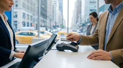 Person handing a credit card to a customer service agent at a car rental desk in New York