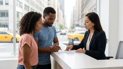 Two people looking at documents next to a parked car hire on a New York street