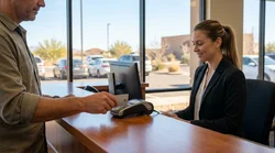 A customer handing a credit card to a car hire agent at a counter in Texas