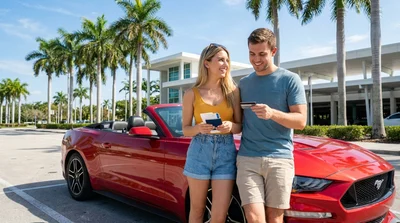 Young adult driving a convertible car rental past palm trees on a sunny Florida road