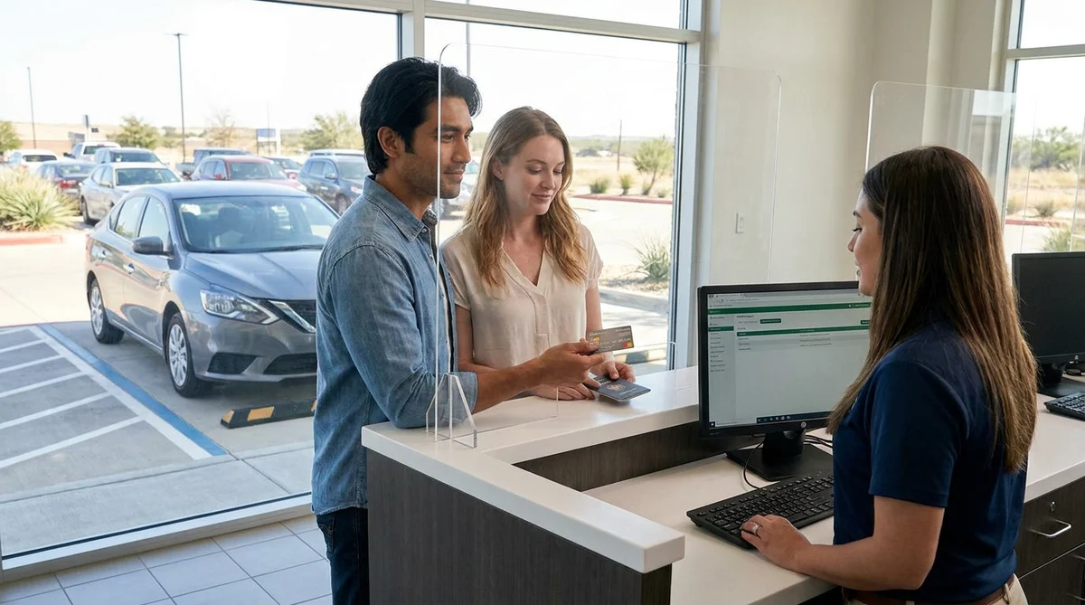 Close-up of hands passing a credit card across a car rental desk in Texas