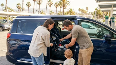 Parent securing a child into a safety seat in a car hire vehicle parked on a sunny Florida street