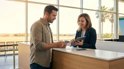 Man handing keys to a smiling customer at a car rental counter in a Texas airport
