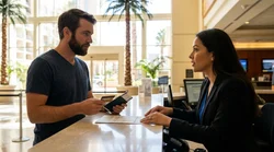 Close-up of a person handing a credit card to an agent at a car rental counter in Las Vegas