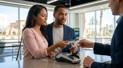Customer handing a credit card to an agent at a Las Vegas car hire desk