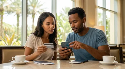 Person handing a credit card to an agent at an Orlando car hire counter