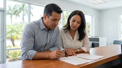 Close up of hands signing a car hire document at a desk with sunny Florida palm trees outside