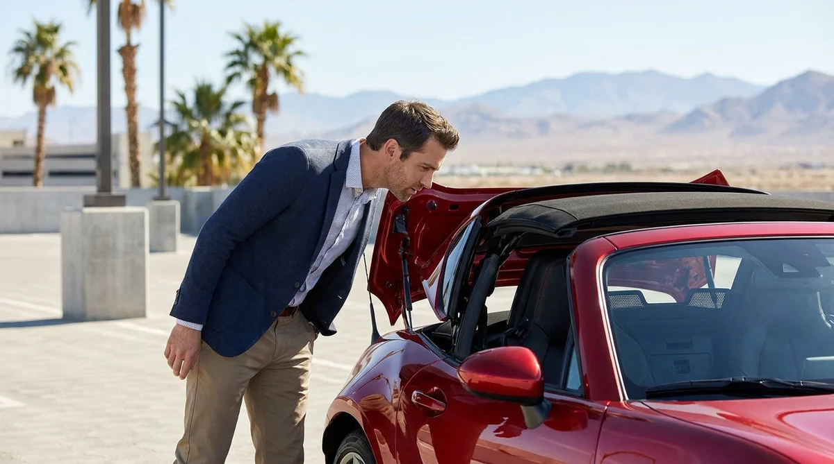 Person checking the exterior of a red convertible car rental in a bright Las Vegas parking lot