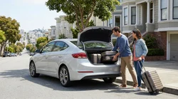 Two suitcases loaded into the open boot of a car rental in San Francisco