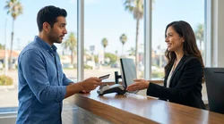 Close-up of a customer handing a credit card to an agent at a car rental desk in Los Angeles