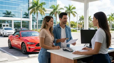 Customer presenting a credit card at a Miami car hire desk with car keys on the counter