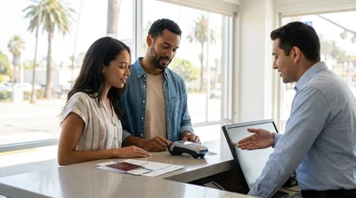 Customer handing a credit card to a clerk at a Los Angeles car hire desk