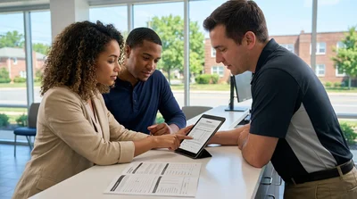 Customer reviewing a car hire agreement with a pen at a desk in Pennsylvania